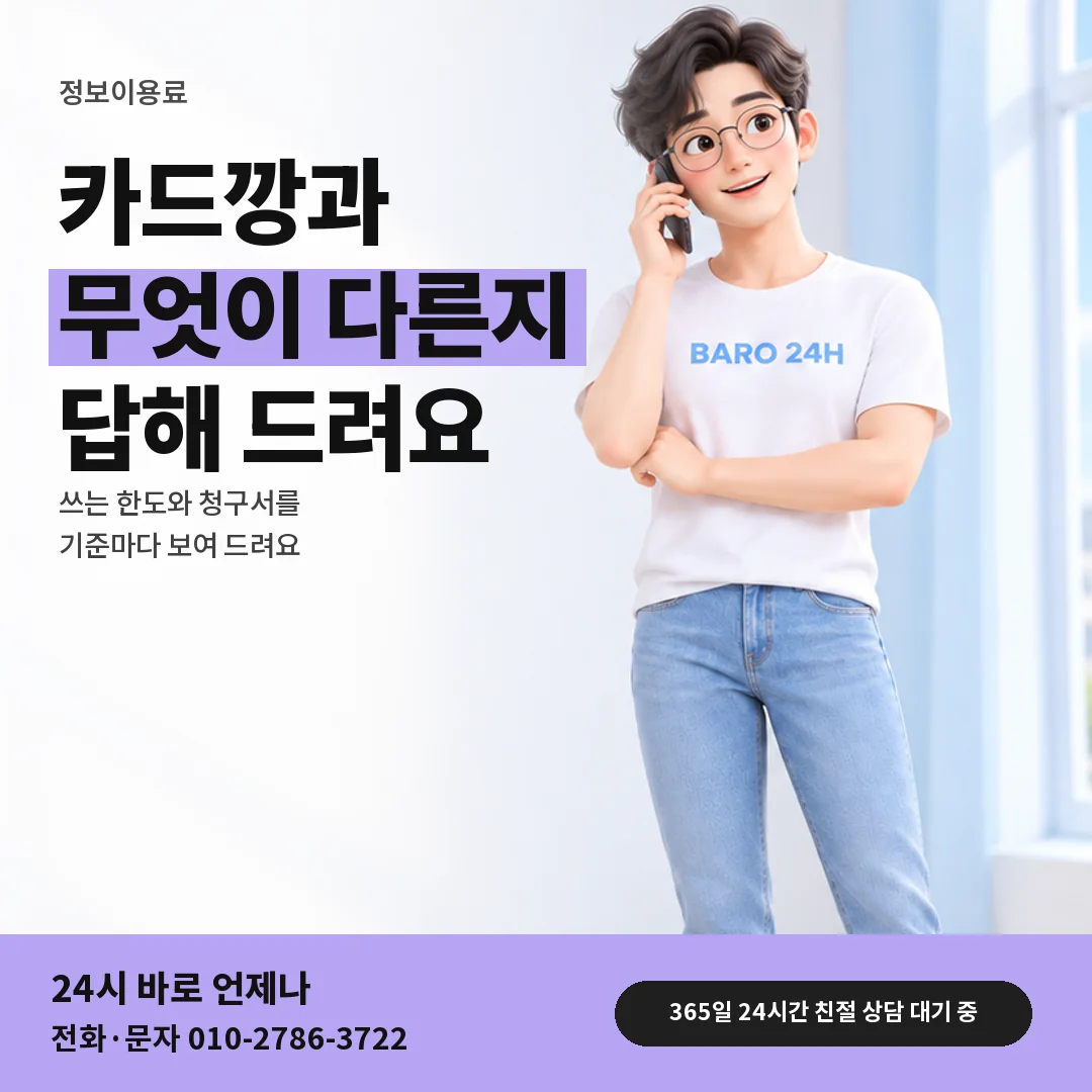 휴대폰을 보며 웃는 BARO 24H 티셔츠를 입은 3D 인물 옆에 「카드깡과 무엇이 다른지」 제목을 얹은 안내 카드