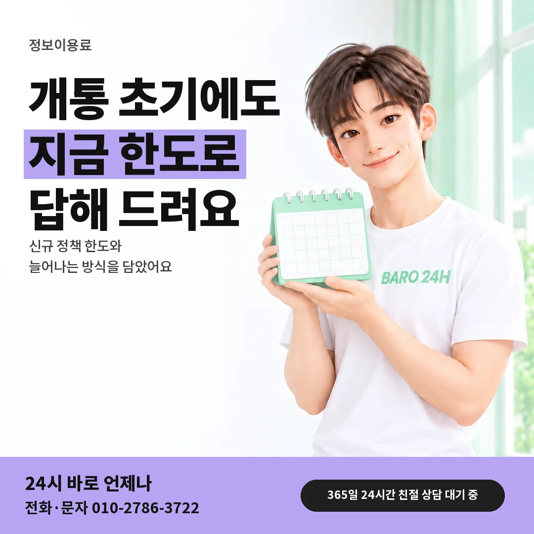 달력을 든 BARO 24H 티셔츠를 입은 3D 인물 옆에 「개통 초기 회선 한도」 제목을 얹은 안내 카드