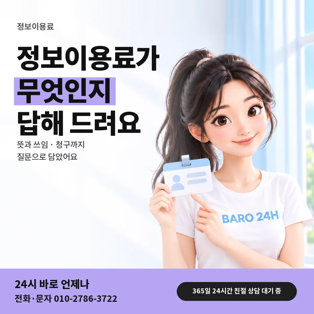신분증을 든 BARO 24H 티셔츠를 입은 3D 인물 옆에 「정보이용료 결제 뜻 알아보기」 제목을 얹은 안내 카드